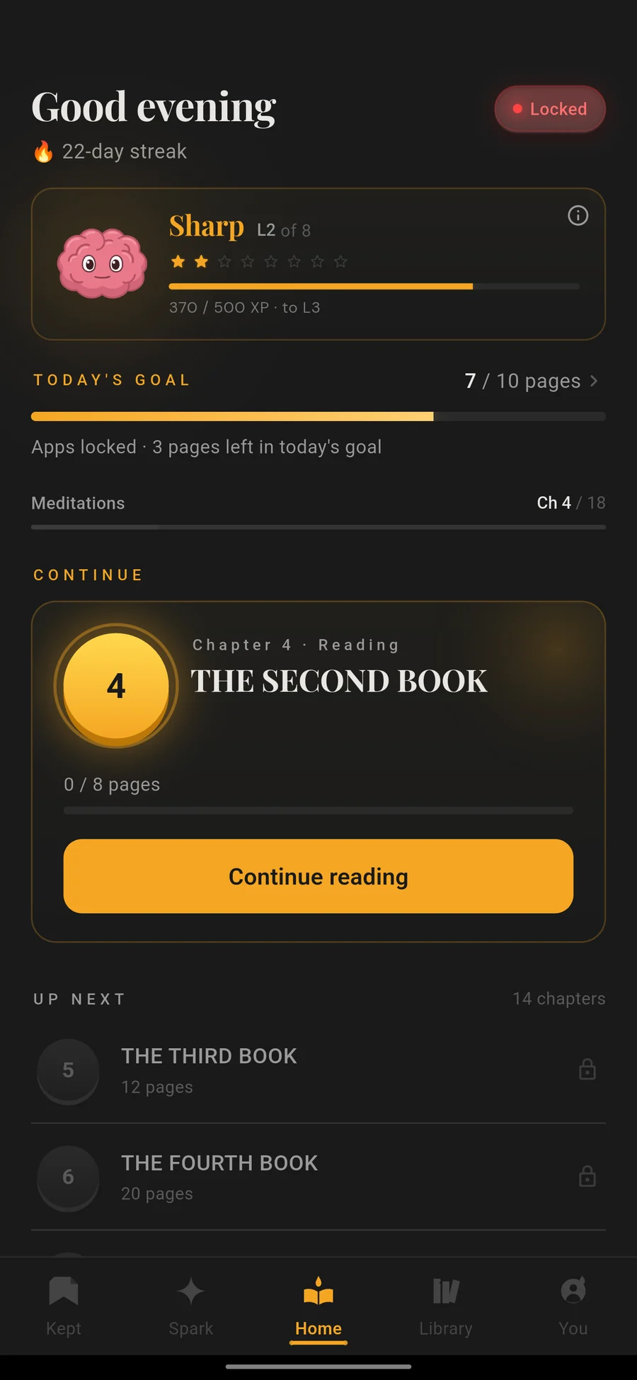 FirstPage home screen: 7 of 10 pages read today, apps locked, 22-day streak