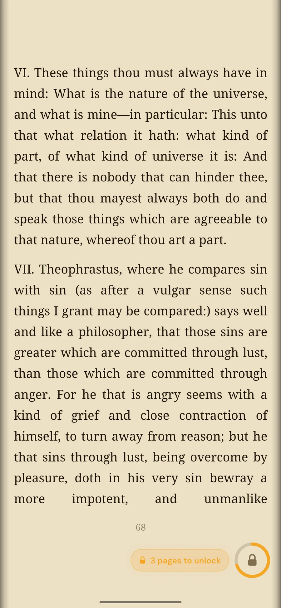 The FirstPage reader showing Meditations, 3 pages left to unlock